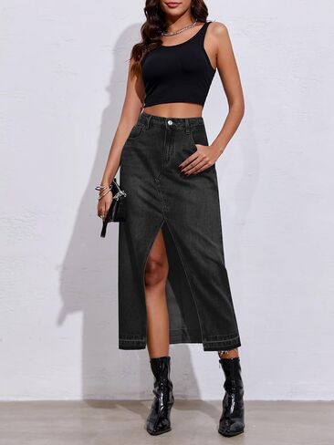 Fisoew Women's Long Denim Maxi Varts High Phened Hend Hend Western Gring Jean Skirt Skirt Aways Streetwear in Saudi Arabia