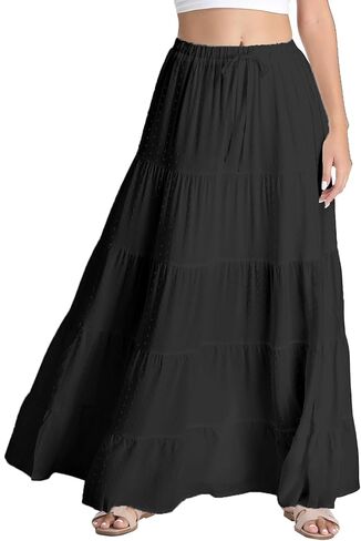 تنورة طويلة بيضاء للنساء، خصر مرن كاجوال، ثنيات على شكل حرف A، تنانير طويلة لشاطئ بوهو للصيف... in Kuwait