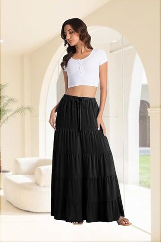 تنورة طويلة بيضاء للنساء، خصر مرن كاجوال، ثنيات على شكل حرف A، تنانير طويلة لشاطئ بوهو للصيف... in Kuwait