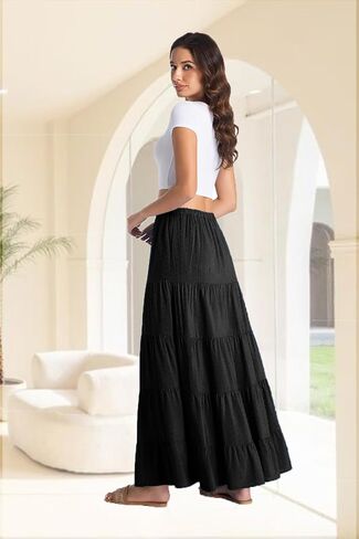 تنورة طويلة بيضاء للنساء، خصر مرن كاجوال، ثنيات على شكل حرف A، تنانير طويلة لشاطئ بوهو للصيف... in Kuwait