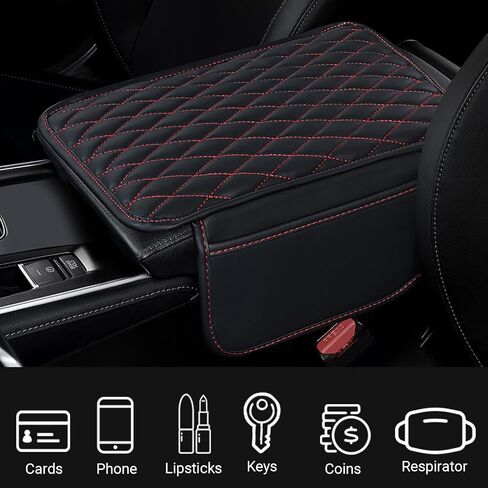 Car Center Console Cover, Leather Armrest Seat Box Cover with 2 Storage Bags, Universal Car Armrest Seat Box Pad Car Decor Accessories for Most Vehicles (Black & Red) in Saudi Arabia