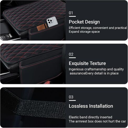 Car Center Console Cover, Leather Armrest Seat Box Cover with 2 Storage Bags, Universal Car Armrest Seat Box Pad Car Decor Accessories for Most Vehicles (Black & Red) in Saudi Arabia