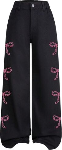 Girl's Bow Graphic Wide Leg Jeans Elastic High Waisted Denim Pants with Pockets in Saudi Arabia