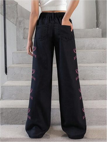 Girl's Bow Graphic Wide Leg Jeans Elastic High Waisted Denim Pants with Pockets in Saudi Arabia