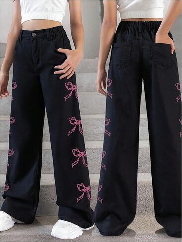 Girl's Bow Graphic Wide Leg Jeans Elastic High Waisted Denim Pants with Pockets in Saudi Arabia