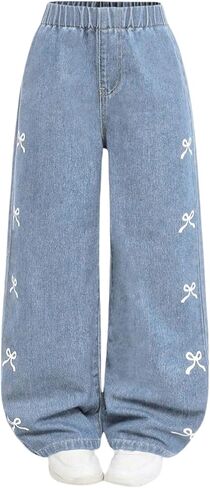 Girl's Bow Graphic Wide Leg Jeans Elastic High Waisted Denim Pants with Pockets in Saudi Arabia