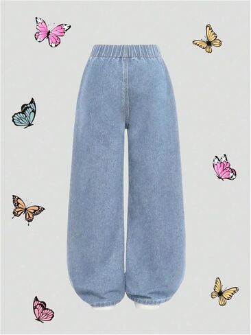 Girl's Bow Graphic Wide Leg Jeans Elastic High Waisted Denim Pants with Pockets in Saudi Arabia