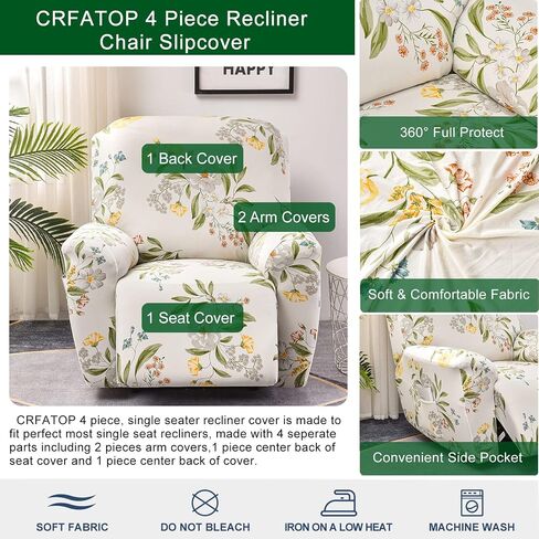 CRFATOP Floral Printed Recliner Cover with Pockets Single Reclining Slipcover 4-Pieces Lazy Boy Recliner Armchair Cover with Elastic Bottom for Recliner Furniture Protector for Kid Pet in Saudi Arabia