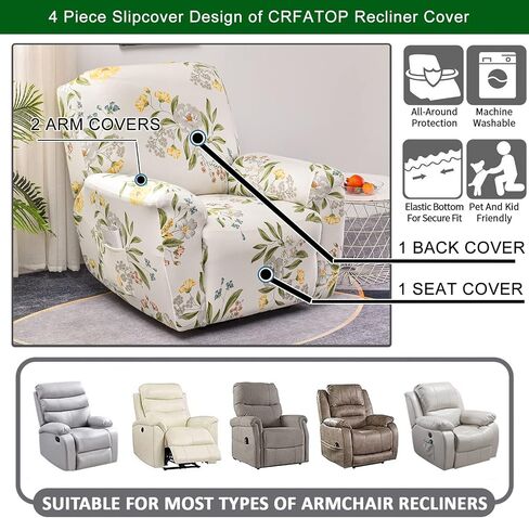 CRFATOP Floral Printed Recliner Cover with Pockets Single Reclining Slipcover 4-Pieces Lazy Boy Recliner Armchair Cover with Elastic Bottom for Recliner Furniture Protector for Kid Pet in Saudi Arabia