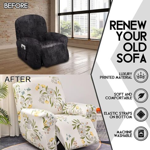 CRFATOP Floral Printed Recliner Cover with Pockets Single Reclining Slipcover 4-Pieces Lazy Boy Recliner Armchair Cover with Elastic Bottom for Recliner Furniture Protector for Kid Pet in Saudi Arabia