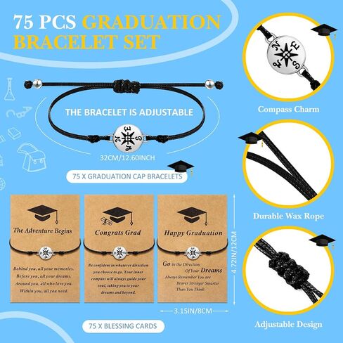 75 Pcs Graduation Bracelet Set Adjustable Compass Bracelets Graduation Cards College High School Class Cheer Gifts in Saudi Arabia