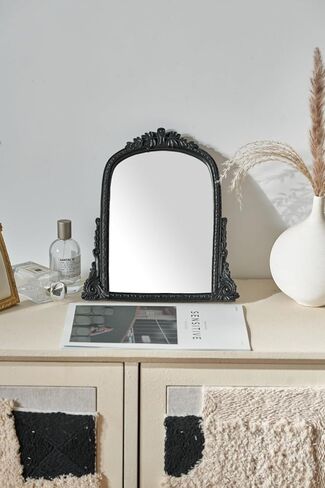 Vintage Gold Vanity Makeup Desk Mirror - Antique Chic Arch Table Mirror with Carved Resin Frame, Small Standing Arendahl Mirror for Living Room, Bedroom, Tabletop (13.2" x 12.8") in Kuwait