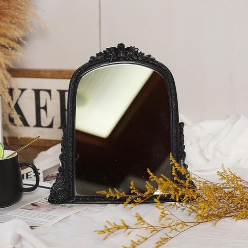 Vintage Gold Vanity Makeup Desk Mirror - Antique Chic Arch Table Mirror with Carved Resin Frame, Small Standing Arendahl Mirror for Living Room, Bedroom, Tabletop (13.2" x 12.8") in Kuwait