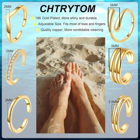 6PCS Toe Rings for Women 18K Gold Silver Toe Ring Set Adjustable Non Tarnish Band Simple Beach Foot Jewelry for Summer in Saudi Arabia
