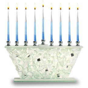 Ner Mitzvah Hanukkah Menorah - White Shattered Glass - Handcrafted Painted Glass - Fits All Standard Chanukah Candles
