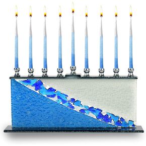 Ner Mitzvah Glass Hanukkah Menorah - Blue & White Stones - Handcrafted Painted Glass - Fits Standard Chanukah Candles