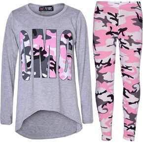 Girls OMG Camouflage Print 3/4 Sleeves Trendy T Shirt - OMG Set Camo Grey 7-8