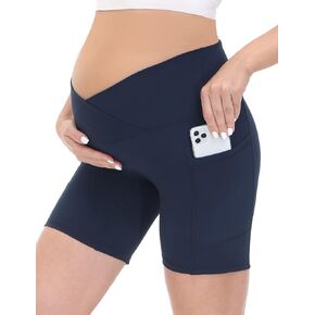 HOFISH Women's Maternity Yoga Shorts Over The Belly Summer Workout Running Active Short Pants with Pockets NavyBlue S 6''