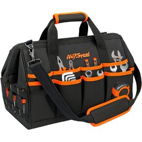 15 Inch Tool Bag with16 Pockets, Foldable Close Top Wide Mouth Tool Bag Organizer with Handle & Padded Adjustable Strap, Bag for Men Heavy Duty, Waterproof, Black & Orange
