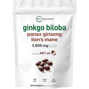 Ginkgo Biloba 5،600mg مكافئ ، 400 SoftGels | 3 في 1 مع Ginseng & Lions Mane | زيت MCT مملوءة بامتصاص أعلى | مضادات الأكسدة العشبية و Superfood Mushroom | ملحق الدماغ والذاكرة