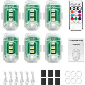 6PCS Wireless LED Strobe Lights with Remote Control, RGB Aircraft Strobe Lights High Brightness 8 Colors Waterproof Anti-Collision Night Warning Lighting for Car Motorcycle RC Aircraft Bike