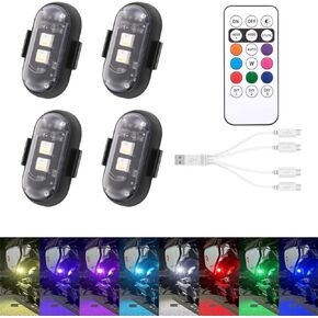 BX 4pcs Wireless LED Strobe Lights with Remote Control, 8 Colors with 10 Modes,USB Charing Waterproof Anti-Collision Led Lights for Car Motorcycle Drone Aircraft Bike, RGB Led Aircraft Strobe Lights