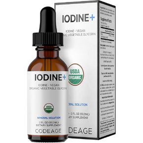 قطرات اليود العضوية المعتمدة من Codeage USDA - 250 ميكروغرام لكل وجبة - توريد 1+ سنة - ملحق يوديد سائل - اليود النقي ، الواضح - قطرة السائل اليود النباتي البوتاسيوم - 2 فلوريدا أوقية