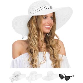 Sun Hats for Women, Wide Brim Floppy Beach Straw Hat for Summer Travel Vacation Foldable with Heart Shaped Sunglasses UPF 50+