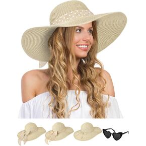 Sun Hats for Women, Wide Brim Floppy Beach Straw Hat for Summer Travel Vacation Foldable with Heart Shaped Sunglasses UPF 50+ in Kuwait