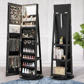 Byroce 360° Rotating Jewelry Armoire with Full Length Mirror, Lockable Jewelry Cabinet with 3-Color LED Lights, Rear Storage Shelves & Inside Makeup Mirror, Standing Jewelry Organizer (Black)