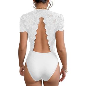 Verdusa Women's Contrast Lace Backless Bodysuit Short Sleeve Tummy Control Leotard Tops