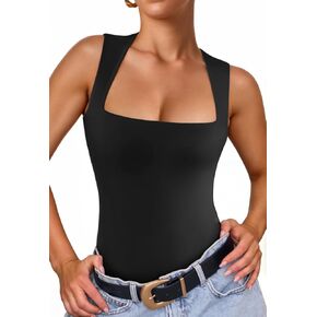 Cyanstyle Women Sexy Square Neck Thong Bodysuit Double Lined Sleeveless Trendy Going Out Body Suits Tank Tops
