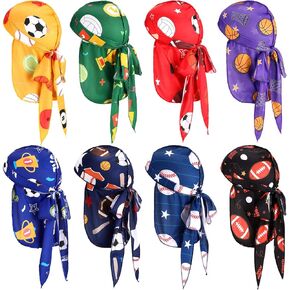Leumoi 8 Pcs Kids Silky Durags Kids Durags Long Tail Satin Headwrap Durag Ball Theme Pattern Kids Durag for Boys Baby Toddler Girls