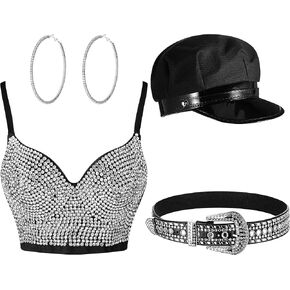 4 Pcs Cowgirl Women's Rhinestone Diamond Push up Bustier Crop Top with Rhinestone Belt Chauffeur Hat Earrings Hoop