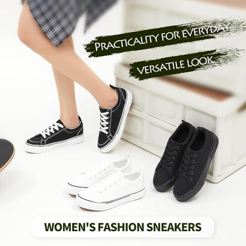 Uoidru Canvas Shoes for Women White Tennis Sneakers Womens Black Shoes Casual Comfortable Low Top Skateboard Fashion Sneakers in Saudi Arabia
