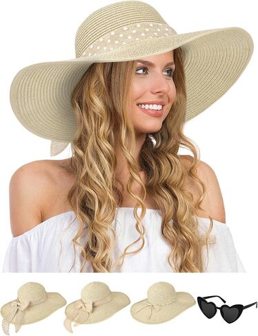 Sun Hats for Women, Wide Brim Floppy Beach Straw Hat for Summer Travel Vacation Foldable with Heart Shaped Sunglasses UPF 50+ in Kuwait