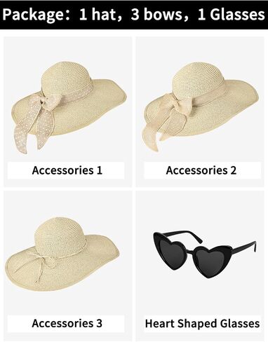 Sun Hats for Women, Wide Brim Floppy Beach Straw Hat for Summer Travel Vacation Foldable with Heart Shaped Sunglasses UPF 50+ in Kuwait