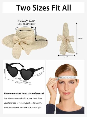 Sun Hats for Women, Wide Brim Floppy Beach Straw Hat for Summer Travel Vacation Foldable with Heart Shaped Sunglasses UPF 50+ in Kuwait