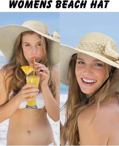 Sun Hats for Women, Wide Brim Floppy Beach Straw Hat for Summer Travel Vacation Foldable with Heart Shaped Sunglasses UPF 50+ in Kuwait