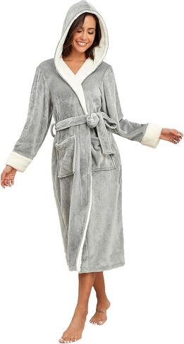 RONGTAI Womens Plush Fleece Hooded Bathrobe, Thick Nightgown Long Robe Sleepwear with Two Side Pockets and Belt in Kuwait