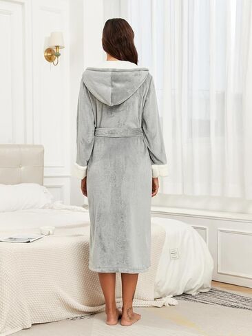 RONGTAI Womens Plush Fleece Hooded Bathrobe, Thick Nightgown Long Robe Sleepwear with Two Side Pockets and Belt in Kuwait