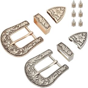 BENECREAT 2 Sets Antique Western Cowboy Buckle Set, 1" Wide Strap Floral Engraved Replacement Buckles for Men Women, Alloy Belt Buckle Set with Antique Golden & Platinum