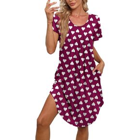 Women's Pleated Front Loose Fit Short Sleeve Nightgowns Sleep Dress with Hand Pockets (S - 5XL)