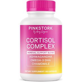 Pink Stork Cortisol Complex - Organic Ashwagandha, Omega 3 DHA, Saffron - Mood Balance, Stress Management, Energy Levels for Women - 60 Count