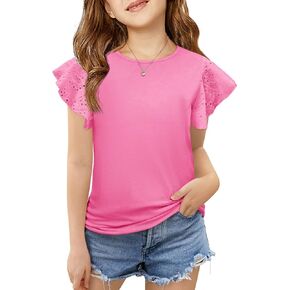 Imily Bela Girls Girls Sleeve Derts Summer Crewneck Eyelet Tops Tops Custal Cute Blouse 4-15 Years