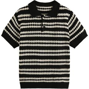 Verdusa Men's Colorblock Stripe Short Sleeve Collared Sweater Button Up Knit Tops