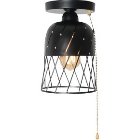 Beuhouz Modern Pull Chain Semi Flush Mount Ceiling Light, Round Industrial Black Metal Cage Hallway Porch Ceiling Light Fixture with Pull String 1-Light Edison E26 8085