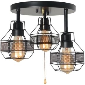 Beuhouz Black Metal Mesh Cage Pull String Light Fixture, 1-Light Small Round Industrial Semi Flush Mount Ceiling Light with Pull Chain Modern Entry Hallway Ceiling Lighting Edison E26 8091