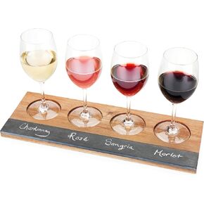 Twine Wine Flight Board with Slate Chalkboard & Acacia Wood Tray, Holds 4 Glasses, Includes Soapstone Chalk, Perfect for Wine Tasting Parties, Housewarming, Hosting Essentials