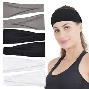Women’s Non-Slip Sweat-Wicking Sports Headbands Set - 6 Pcs for Workout, Yoga, Running, Everyday Wear - Black(2), White(2), Grey(2)